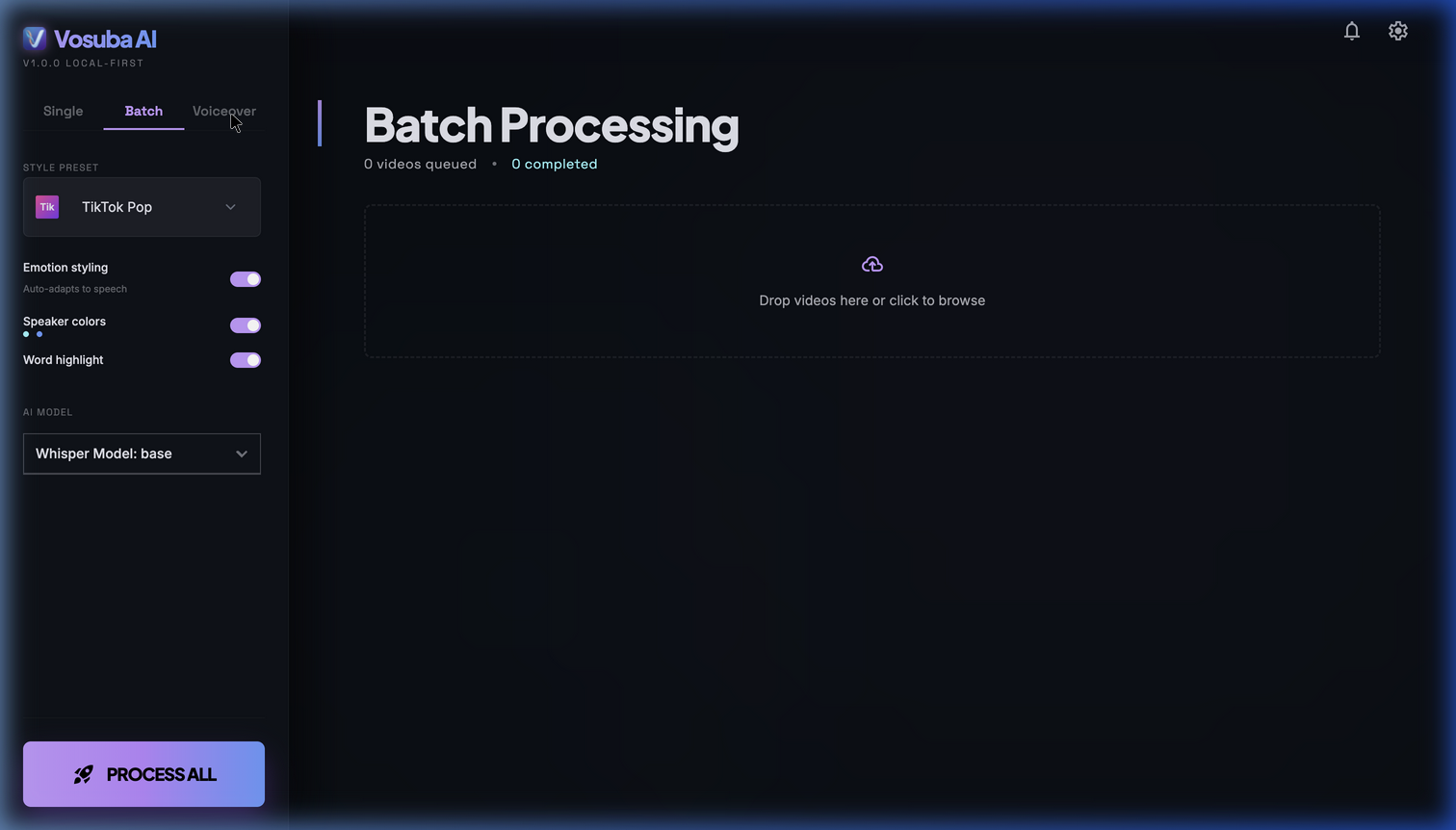 Vosuba batch processing — process entire video folders at once