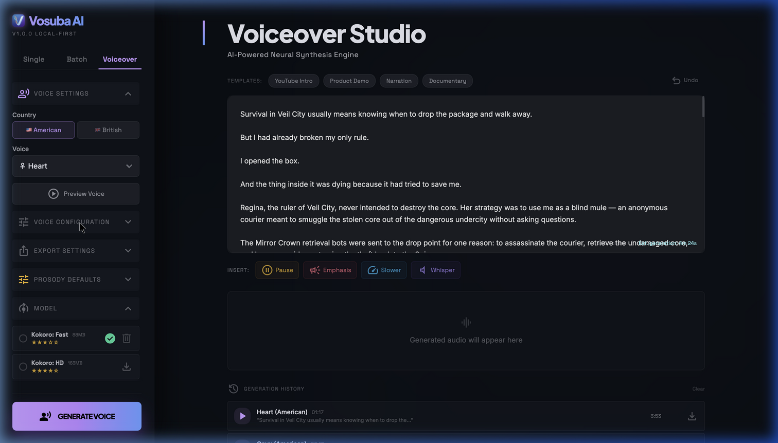 Vosuba voiceover studio — 26 AI voices with cloning and SSML markers